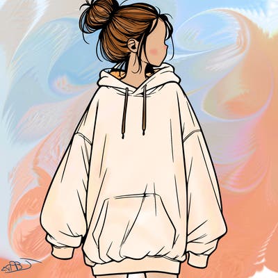 realistic girl with a oversized sweatshirt on and a bun