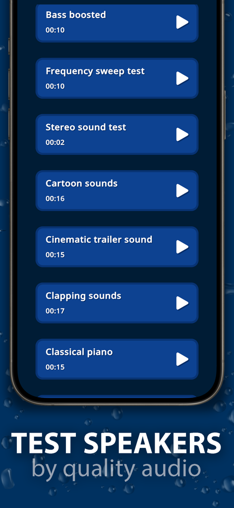 Smartphone interface showing the speaker test menu with various audio options like frequency sweep, stereo sound, and classical piano.