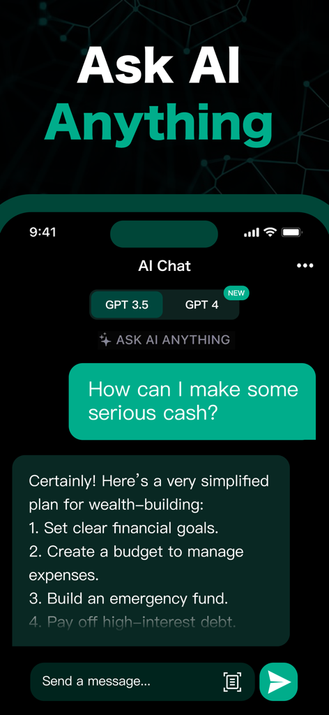 AI Chatbot : Ask AI Anything - Interfaz de chatbot de IA que muestra a un usuario solicitando asesoramiento financiero con GPT 4 seleccionado