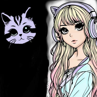 beautiful realistic girl with cat headphones