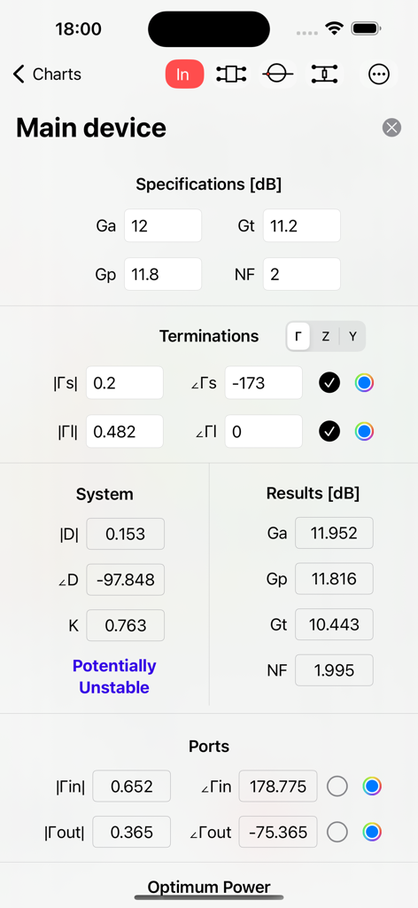 Smith Charts - Detailed view of RF device parameters including gain specifications and stability analysis in the Smith Charts app