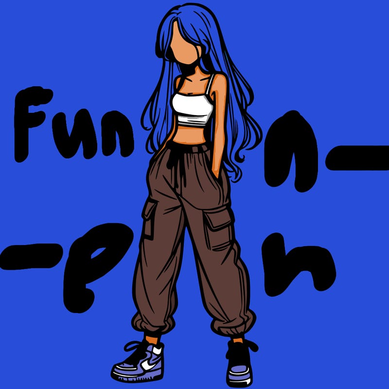 girl in baggy pants crop top and long hair