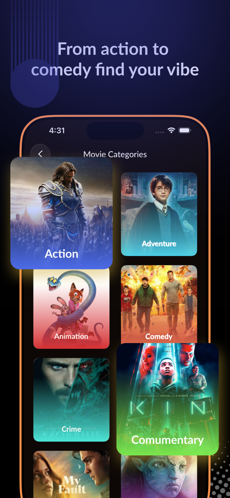 Interface de l'application MovieBox affichant diverses catégories de genres de films pour une découverte facile