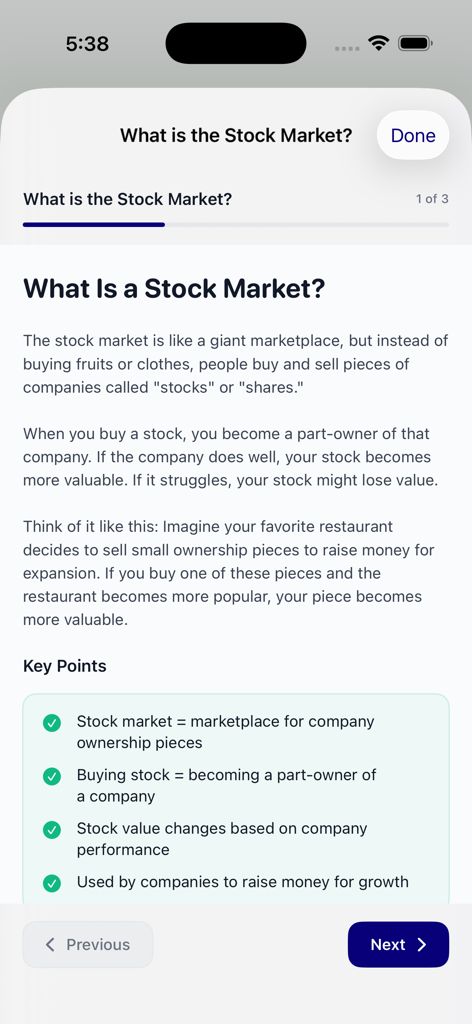 Sigmix - Sigmix app educational screen explaining the basics of the stock market with key points.