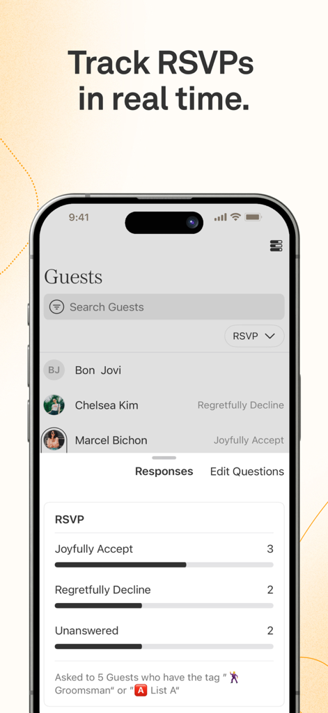 Joy Wedding Planner & Website - Mobile App-Oberfläche, die die Echtzeit-RSVP-Verfolgung für Hochzeitsgäste mit Akzeptanz- und Ablehnungsstatistiken anzeigt