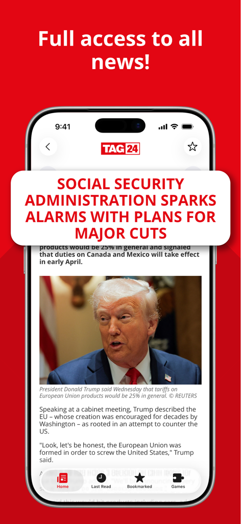TAG24 NEWS - Smartphone screen showing the TAG24 news app displaying a political news article with a full access headline