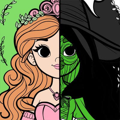 detailed realistic split of a princess and a witch