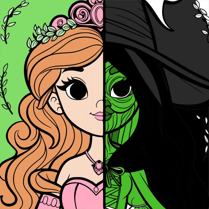detailed realistic split of a princess and a witch