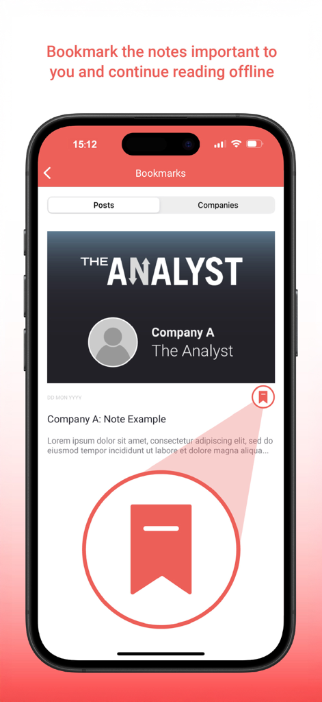 The Analyst App - Bookmarks screen in The Analyst App for saving institutional research to read offline