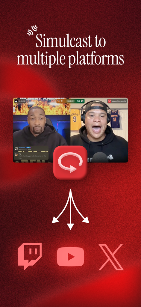 Playback: Stream Together - Graphique montrant l'application Playback diffusant en simultané un stream en direct vers Twitch, YouTube et X.