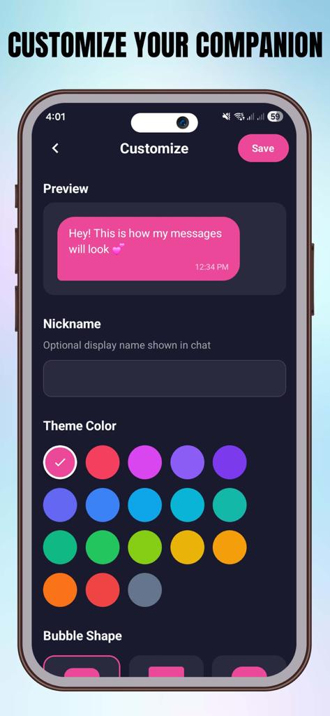 MAI: Virtual Companion Ai Vibe - Screenshot of the MAI app customization screen showing options to change chat colors and nickname for the virtual AI companion.
