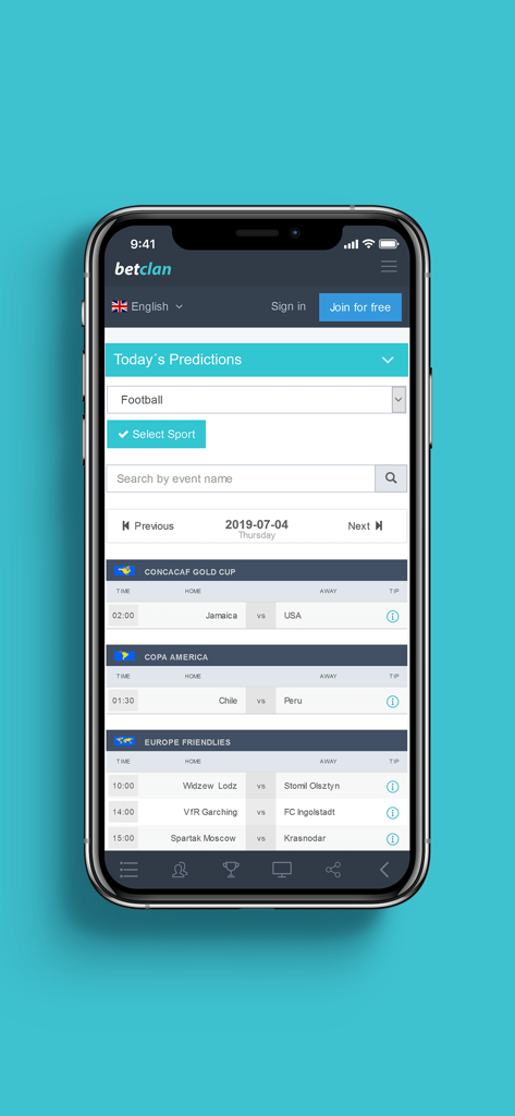 Betclan - BetClan app showing daily football predictions for CONCACAF Gold Cup and Copa America matches on an iPhone screen