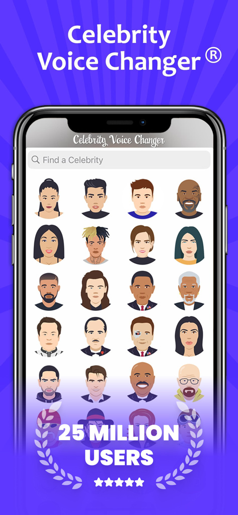 Celebrity Voice Changer Live app interface showing a selection of celebrity avatars and 25 million users milestone