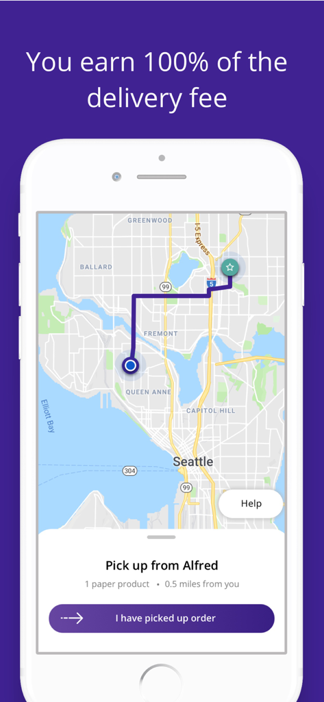 ROVA Courier - ROVA Courier app interface showing a delivery route map in Seattle with a notification stating drivers earn 100 percent of the delivery fee.