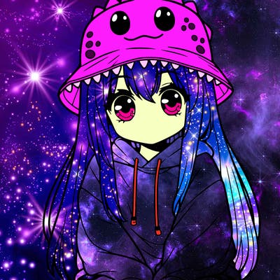 girl with anime shaped eyes with a dinosaur bucket hat oversized sweatshirt long straight hair