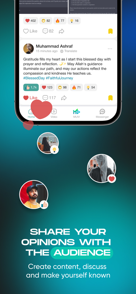 Uno schermo mobile dal social network Umma Life che mostra un post di Muhammad Ashraf con reazioni di coinvolgimento e un invito a condividere opinioni.