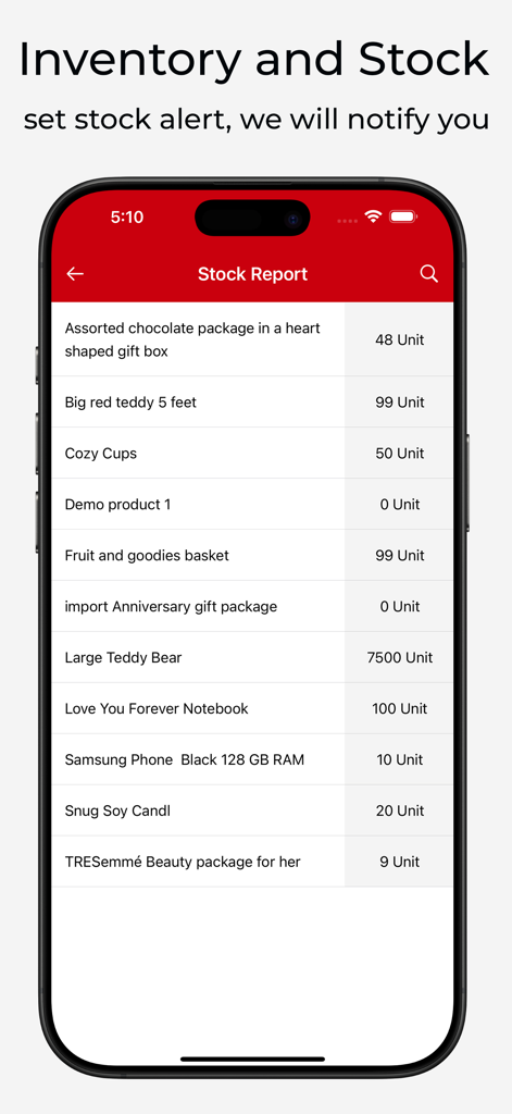 Nexchar POS - Nexchar POS app screen displaying a real-time inventory and stock report for small business items.