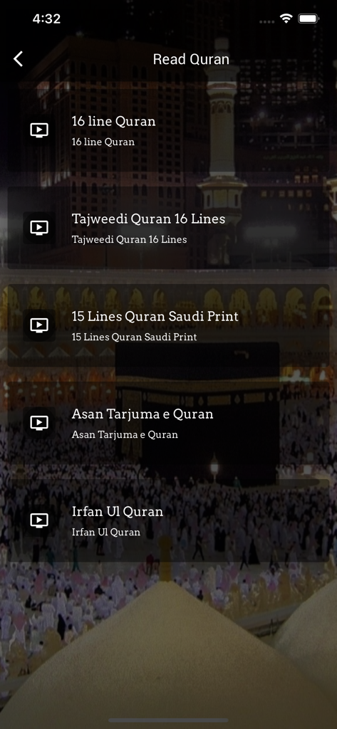 Abdul Rahman Mossad - A mobile app interface showing a list of Quran reading options like Tajweedi and Saudi Print with a background of the Kaaba.