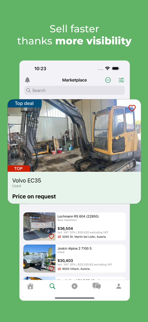 Landwirt.com 트랙터 마켓 앱 인터페이스로 판매용 중고 농기계 목록 표시