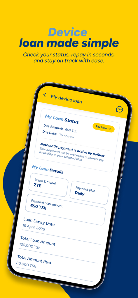 Interface showing device loan status, payment plans, and total amount paid within the Yas App