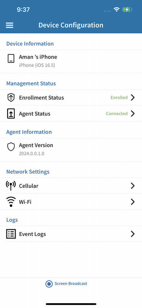 Pantalla de configuración de dispositivos de SOTI MobiControl mostrando el estado de inscripción y la configuración de red