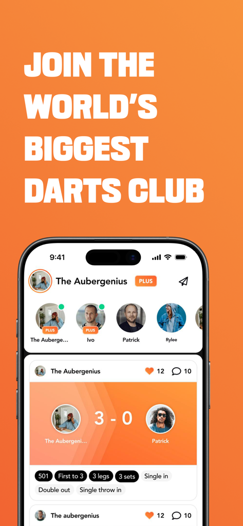 Dart Scores - 다트 점수 앱 인터페이스가 플레이어 프로필과 경기 결과가 포함된 소셜 커뮤니티 피드를 보여줍니다.