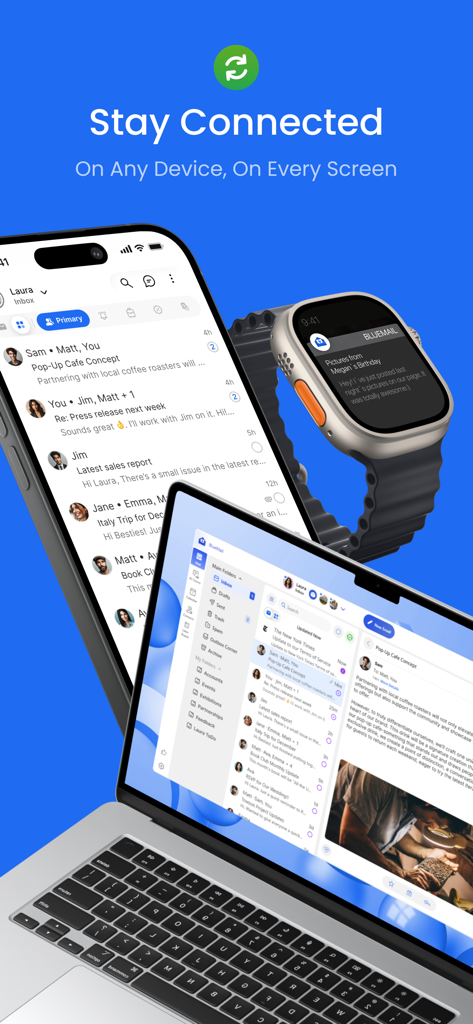 iPhone、Apple Watch、およびノートパソコンデバイス上のBlue Mailアプリ