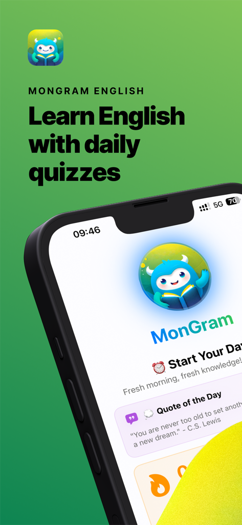 MonGram English - MonGram Englishアプリのインターフェース。毎日のクイズと学習機能が表示されたホーム画面。