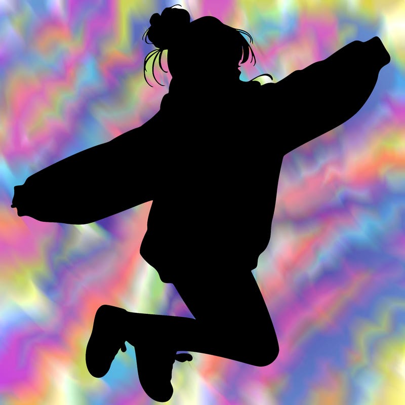 realistic girl jumping with a bun and oversized sweatshirt
