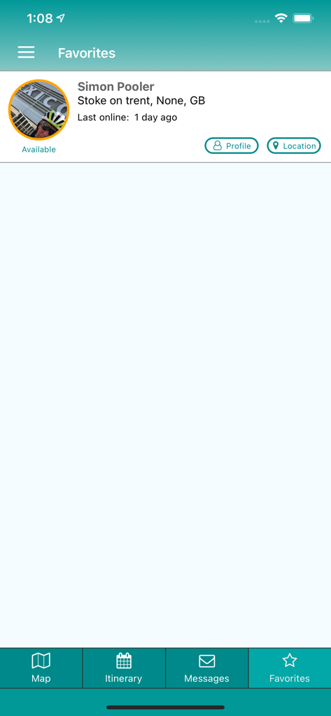 Warmshowers App - Warmshowers app Favorites screen showing a list of saved cycling hosts with profile and location details
