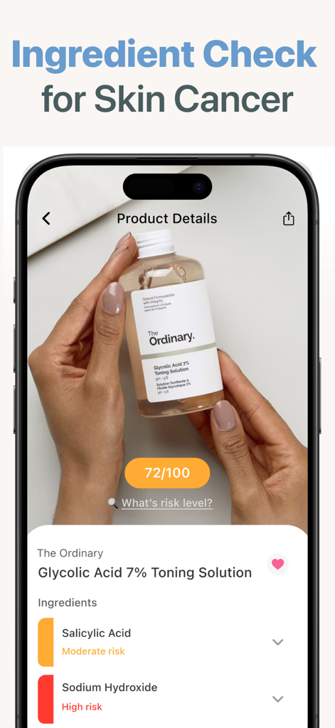 SafeSkin AI app showing ingredient safety scores and risk levels for a skincare product