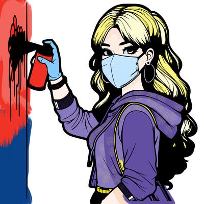 realistic girl with mask spray painting a wall