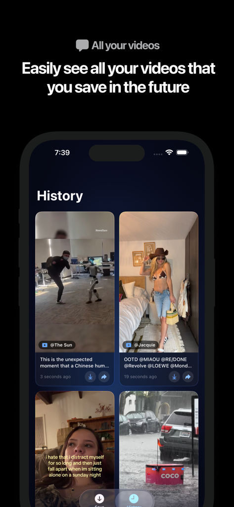 No Watermark: Save Your Videos - The History screen of the No Watermark app displaying a grid of saved videos without watermarks.