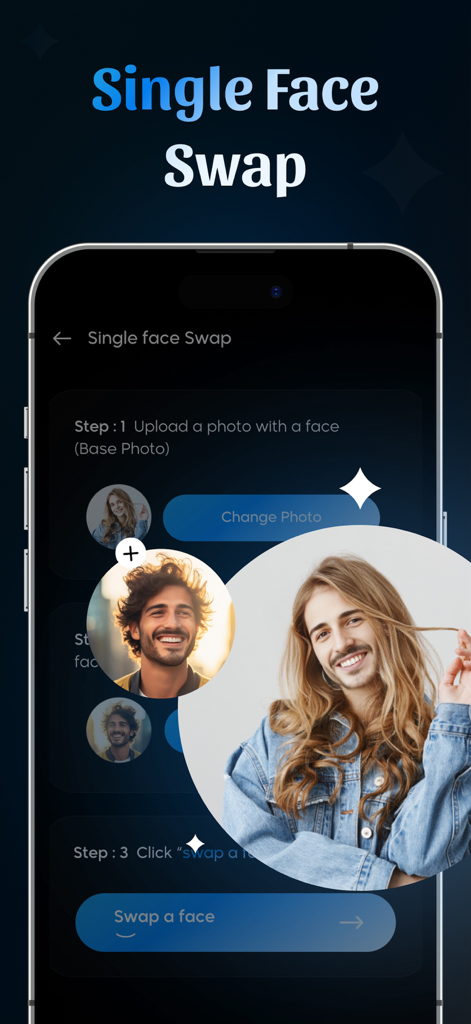 AI Face Swap Video & Photo App - Smartphone interface showing steps to perform a single AI face swap on a photo.