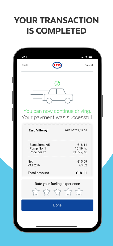 Um recibo digital exibido na tela de um smartphone após um pagamento de combustível bem-sucedido com o aplicativo Esso PRO, mostrando os detalhes da transação e uma mensagem de sucesso.