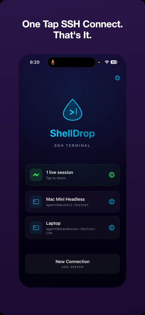 Shell Drop - Shell Drop mobile app interface showing a list of SSH connections including a live session, a headless Mac Mini, and a laptop