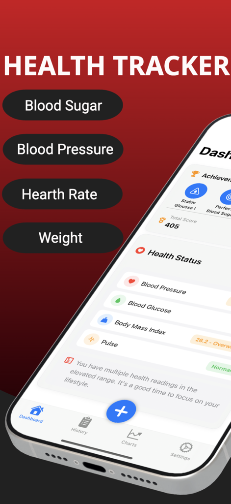 Blood Pressure Log – HealthLog - Dashboard of the HealthLog app showing tracking features for blood pressure, blood glucose, body mass index, and pulse on an iPhone screen.