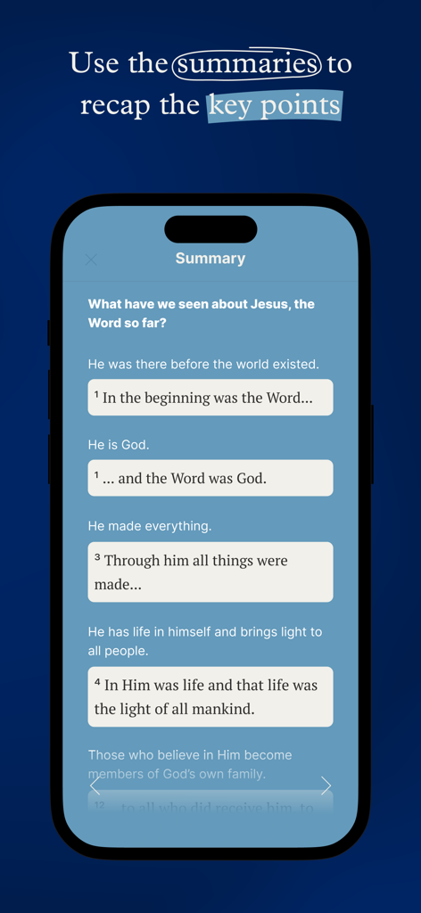 The Word One to One - Tela de resumo do aplicativo A Palavra Um a Um exibindo os principais pontos e versículos bíblicos.