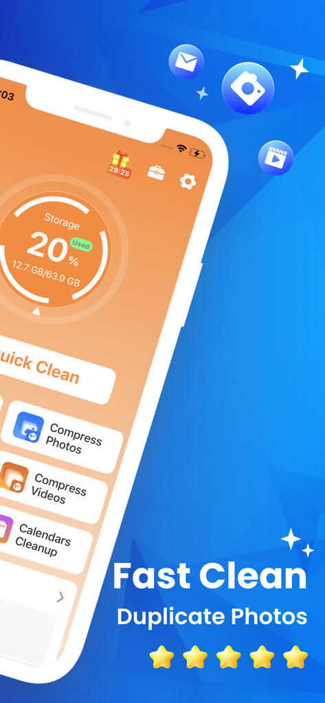 Phone Cleanerアプリのインターフェース。ストレージ使用量と、重複写真を高速クリーニングする機能を表示。