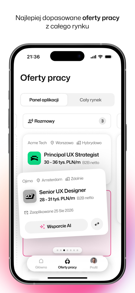 Rocket - Asystent Kariery - Smartphone screen of the Rocket app showing a list of personalized job offers with salary ranges and AI support features.