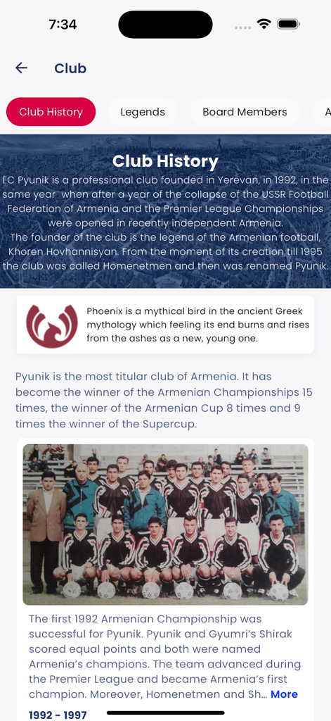 FC Pyunik - A screenshot of the FC Pyunik app history page showing club milestones and a vintage team photo.