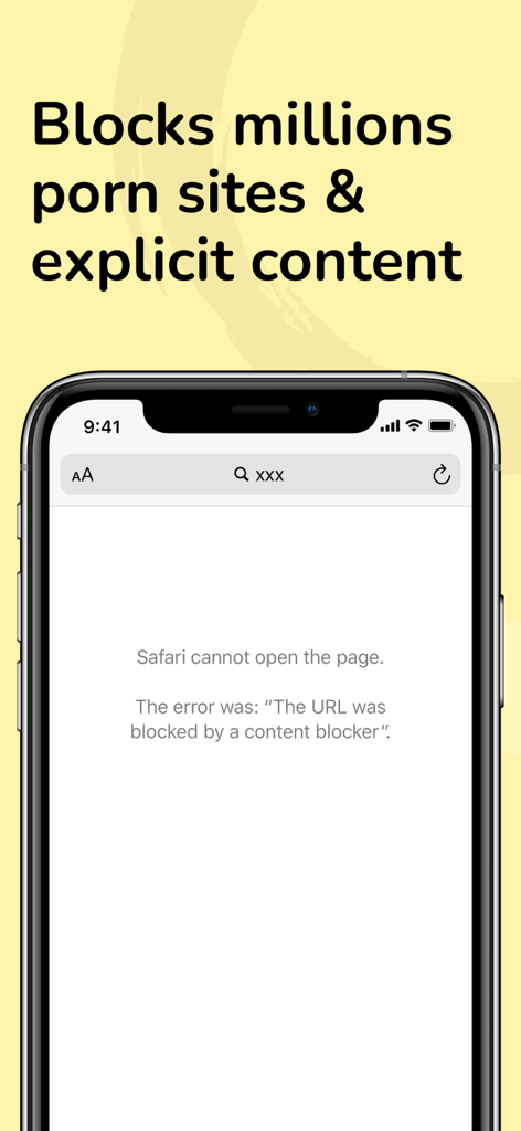Purified Porn Filter - An iPhone screen displaying a Safari message that a URL was blocked by a content blocker.