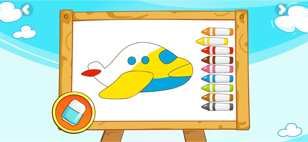 Digital coloring screen for kids featuring an airplane drawing with colorful crayons