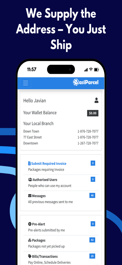 Easiparcel - Das Easiparcel mobile App-Dashboard zeigt Paketstatus, Guthaben und lokale Filialinformationen für den Versand nach Jamaika.