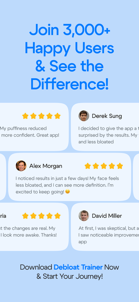 Benutzerbewertungen und Fünf-Sterne-Bewertungen für die Bloat Down Gesichtsformungs-App.
