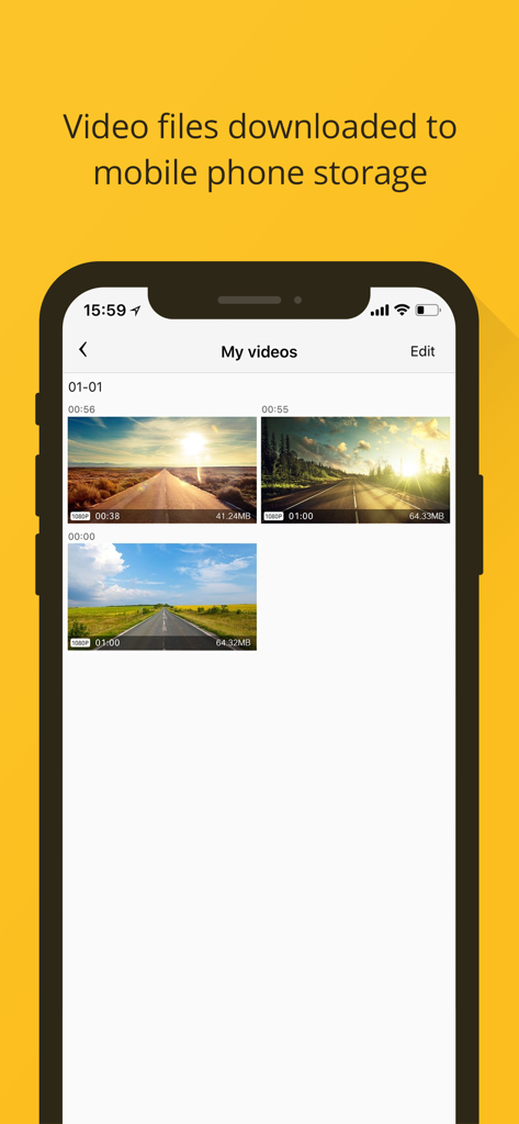 Smartphone displaying a list of downloaded dash cam video files in the app