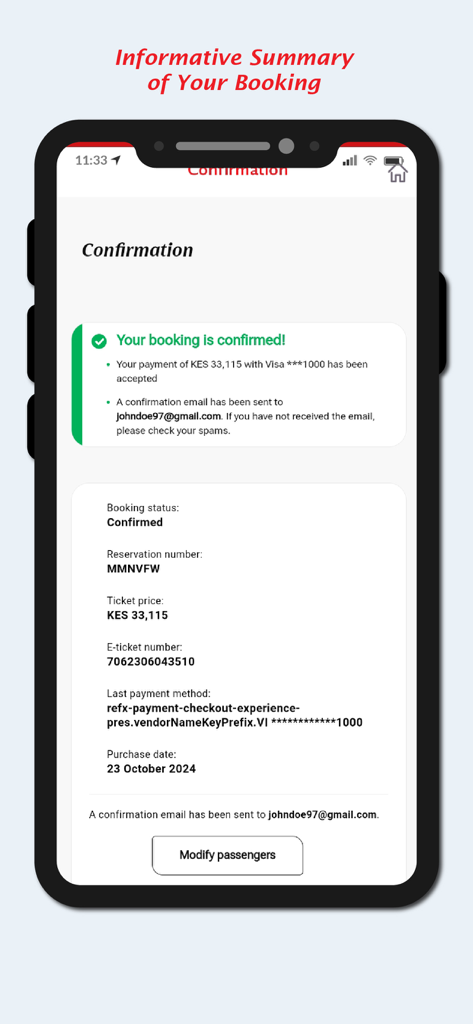 Kenya Airways - Kenya Airways app booking confirmation screen showing flight reservation details
