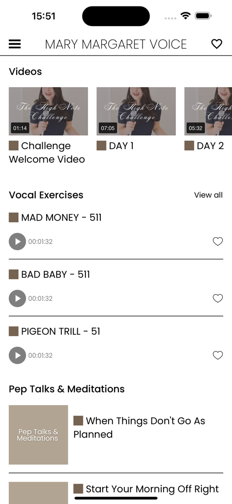 Mary Margaret Voice - The Mary Margaret Voice app interface displaying vocal exercise lists, high note challenge videos, and mindset pep talks.