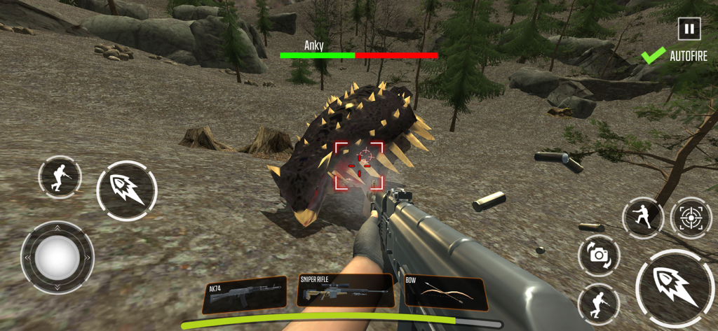 Dino Hunter - dinosaur games - Vista en primera persona de un jugador apuntando con un rifle de asalto a un anquilosaurio en un entorno boscoso rocoso