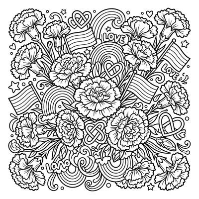 Embrace the spirit of Pride Month with this stunning coloring page, overflowing with beautiful carnations and symbols of love and diversity. Perfect for adults and teens, this intricate design invites you to express your creativity and celebrate inclusivity.